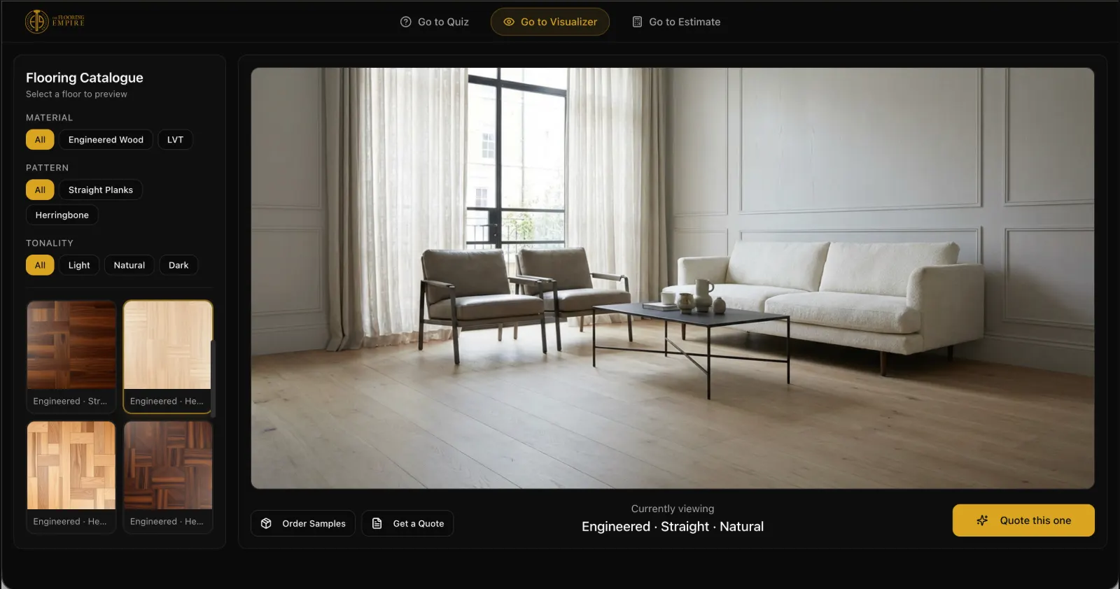 Flooring Journey visualizer showing a room and a catalogue of flooring options